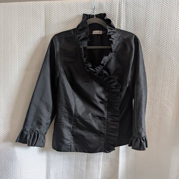 Calvin Klein Black Ruffle Trim Lightweight Blazer Jacket Evening Size Large - Picture 6 of 14